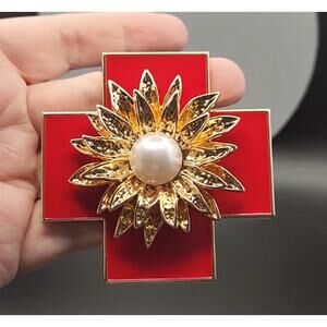 Large Flower on Square Cross Brooch Faux Pearl Gold Tone Metal on Red Enamel
